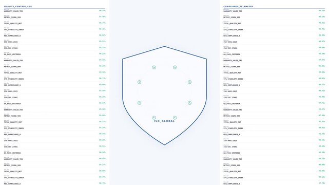 Dynamic motion of a shield-shaped graphic with animated data points and labels in a comprehensive video sequence.
