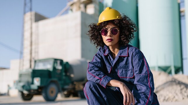 Female construction worker squatting wearing hardhat and sunglasses at industrial site for banner and background design