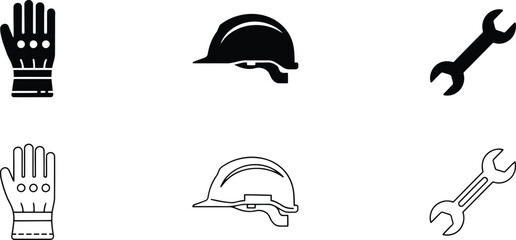 Fototapeta premium Construction and industrial set featuring safety gloves, hard hat, and wrench, presented in solid black and outline styles