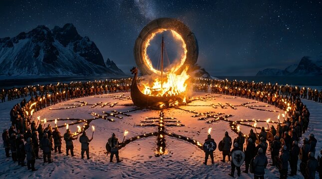 Viking funeral pyre with longship and warriors under a starry night sky dramatic landscape