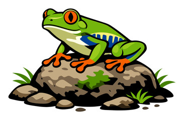 Fototapeta premium Red-eyed tree frog perching on a mossy rock, displaying its bright green body, red eyes, and blue and orange markings