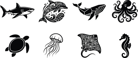 Collection of marine life vector illustrations featuring shark dolphin whale octopus sea turtle jellyfish stingray and seahorse silhouettes © MdShahedul