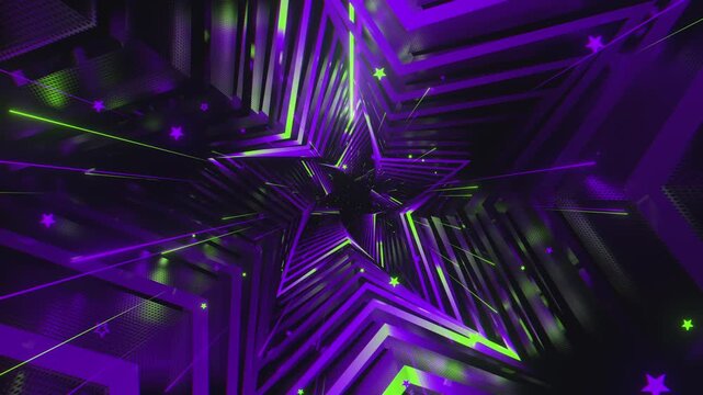 4k seamless VJ loop of a futuristic star-shaped tunnel. Abstract digital vortex with rhythmic motion and geometric elements, for electronic music festivals, high-tech club visuals, stage screens.