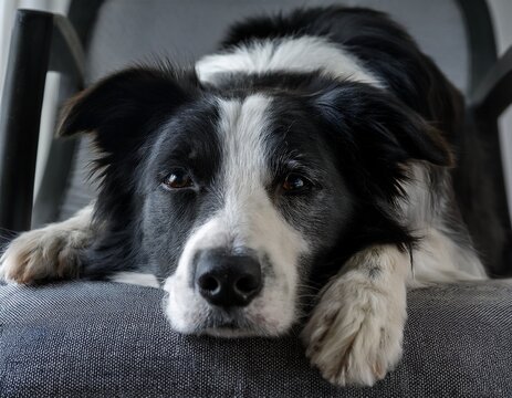 a border collie rests with its head lowered onto a grey chair the body language is calm and tired