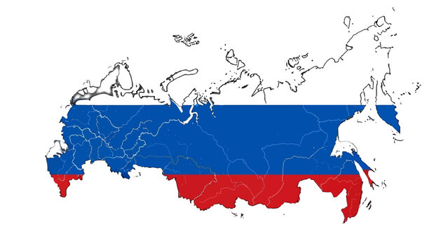 Map of Russia with National Flag Colors on Isolated White Background