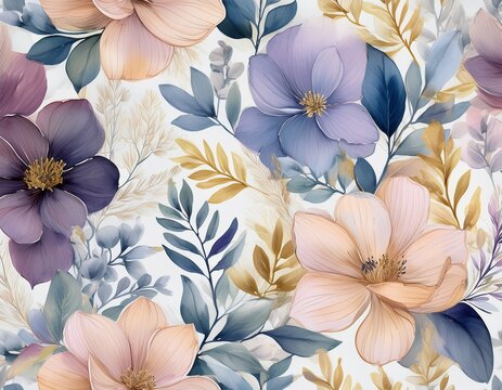 watercolor seamless floral pattern featuring blush pink light purple and soft golden flowers with muted blue gray leaves creating a delicate botanical background texture