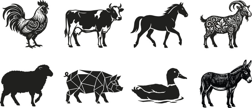 Farm animals silhouette vector set featuring rooster cow horse goat sheep pig duck and donkey livestock illustrations