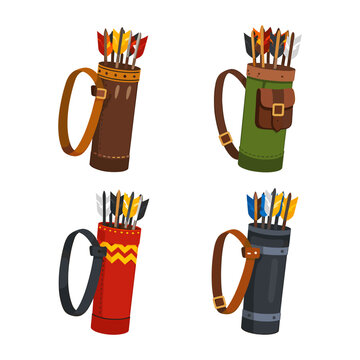 Four colorful quivers full of archery arrows, depicting medieval hunting and combat gear accessories