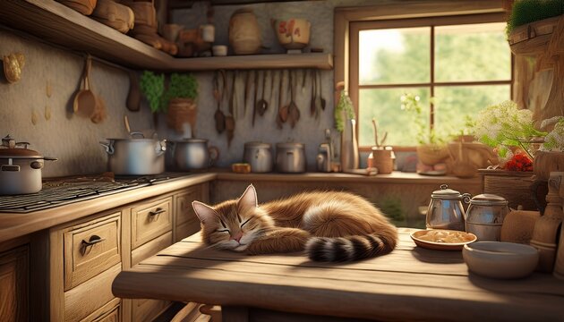 retro kitchen in a cottage with sleeping cat 3d rendering