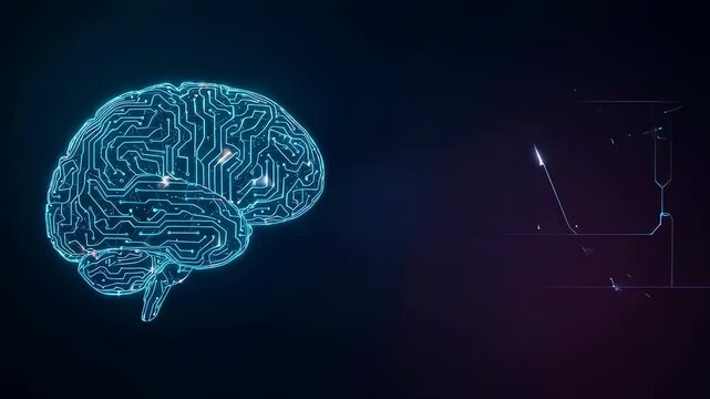 Glowing digital brain formed by electronic circuits. Artificial intelligence concept showing data processing and neural network connectivity as futuristic technology system.