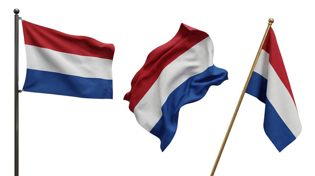Set of 3 multi-angle variations of Netherlands Holland national flag official state tricolor ribbon banner, transparent background, PNG