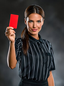 Female soccer referee holding up red card against dark background