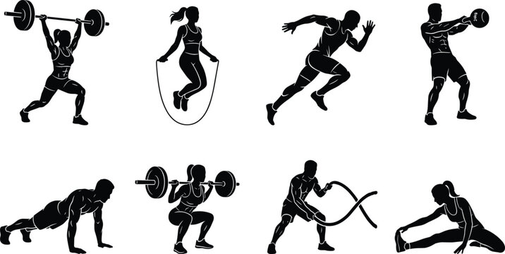 Gym and fitness workout vector silhouettes set featuring athletes training lifting weights running jumping rope and stretching