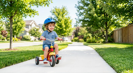 Obraz premium Smiling toddler boy riding a colorful tricycle on a suburban sidewalk. Young child wearing a blue safety helmet playing outdoors on a sunny day