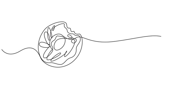 Animated self drawing of continuous line draw fresh sweet delicious American donuts restaurant logo emblem. Fast food doughnut cafe shop logotype template concept. Full length single line animation.4K