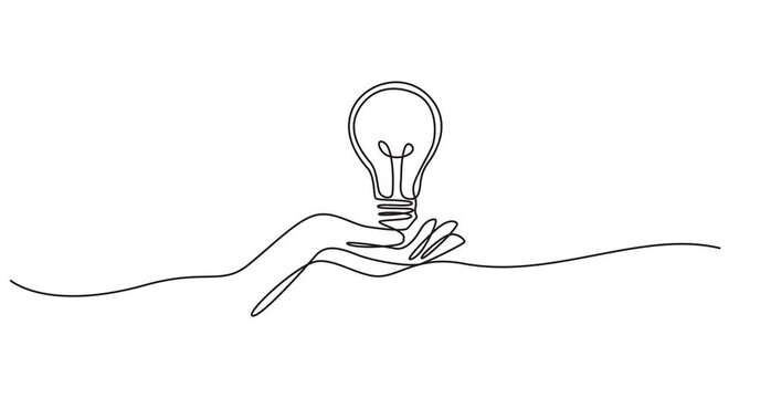 Animated self drawing of one continuous line draw human hand hold light bulb logo emblem. Power up electricity logotype icon template concept. Full length single line animation illustration.4K