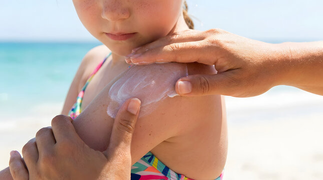 Close-up of hands applying sunscreen lotion to a child's shoulder on a sunny beach with blue ocean in the background
