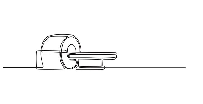 Animated self drawing of continuous line draw  MRI  machine who suffered stroke brain damage. Medical treatment service concept. Full length one line animation. One line drawing of MRI machine , 4K