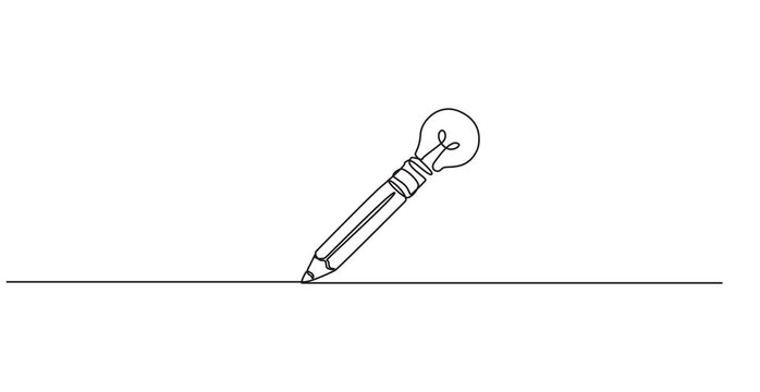 Animated self drawing of Continuous line drawing of a pencil combined with a light bulb, concept of creative writing and idea generation. Full length one line animation. 4K video