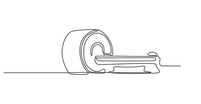 Animated self drawing of continuous line draw  MRI  machine who suffered stroke brain damage. Medical treatment service concept. Full length one line animation. One line drawing of MRI machine , 4K
