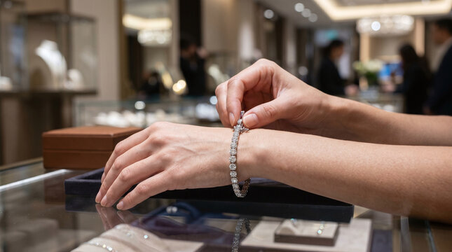 A woman with light skin and long brown hair tries on a silver bracelet in a jewelry store. The store features elegant displays and soft lighting.