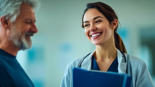 Positive and polite young nurse or doctor speaking with an elderly male patient in a reception area,