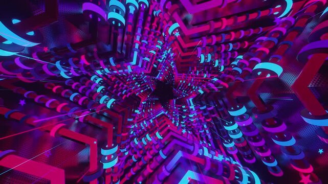 4k seamless VJ loop of a futuristic star-shaped tunnel. Abstract digital vortex with rhythmic motion and geometric elements, for electronic music festivals, high-tech club visuals, stage screens.