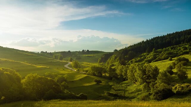 A road passes hills covered with spruce forests and meadows against a cloudy sky