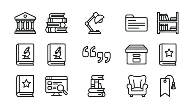 Collection of educational and library related thin line graphic symbols illustrating learning and research concepts in a simple clean style