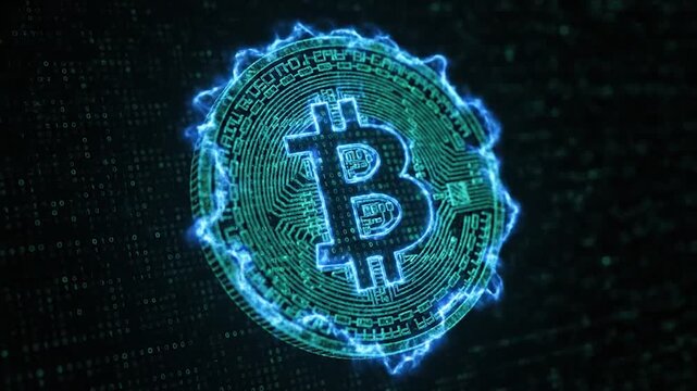 Glowing Bitcoin cryptocurrency logo illuminated against a dark background symbolizes digital finance and modern investment technology.