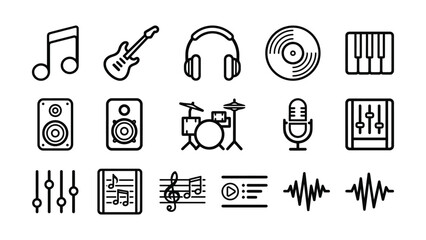 Collection of musical instruments and audio equipment icons representing sound production and recording for multimedia use © Nayon
