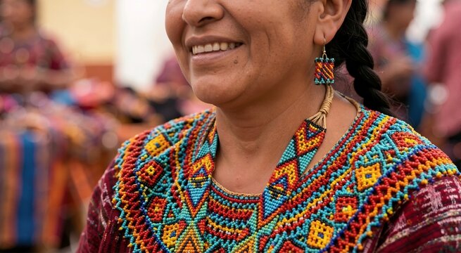 Close up of indigenous woman wearing colorful beaded necklace. Traditional handmade geometric jewelry and cultural heritage concept