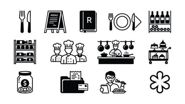 Collection of restaurant and food service related icons including cutlery menu board recipe book chefs kitchen desserts and money saving jar