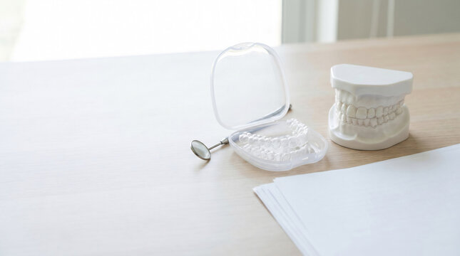 Tooth model and clear aligner case on desk