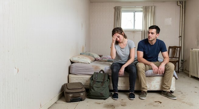 Distressed young couple sitting on a dirty mattress in a rundown room with luggage. Unhappy man and woman experiencing poor travel accommodation. Bad vacation experience concept