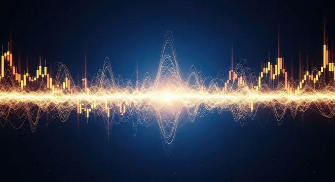Abstract financial chart with glowing digital waves showing stock market trend and volatility analysis in dark background for investment data report.