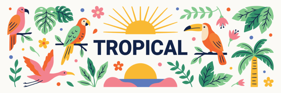 Tropical Nature Banner with Exotic Birds Palm Tree Leaves Flowers and Summer Paradise Illustration