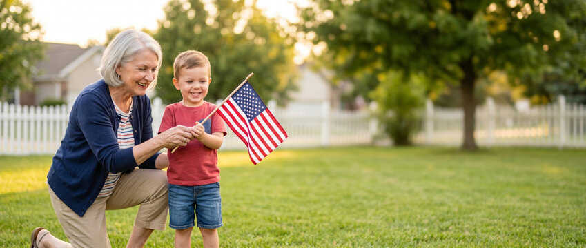 Grandmother and grandson holding an American flag in the backyard. Happy generations celebrating Independence Day together. Patriotic holiday concept with family unity in the outdoors.