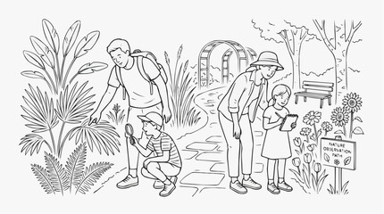 Obraz premium Family exploring nature on a path with magnifying glass and notebook