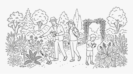 Obraz premium Family exploring a botanical garden with educational signs and plants