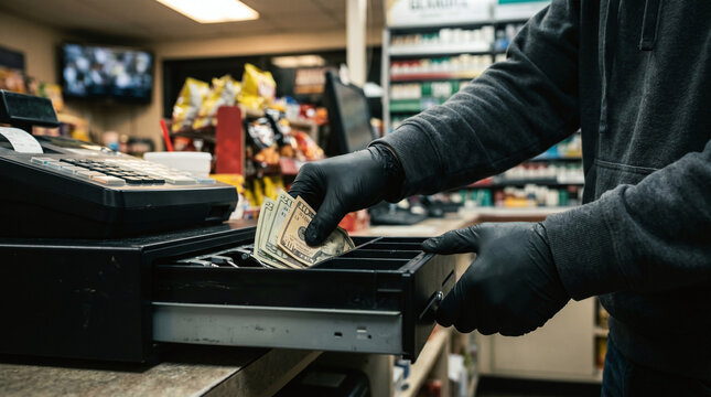 A gloved hand reaches into a cash register, pulling out cash. The scene is set in a convenience store with various products in the background.