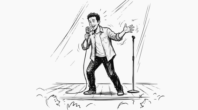 Energetic Male Comedian Performing Stand Up Comedy on Stage with Microphone and Audience