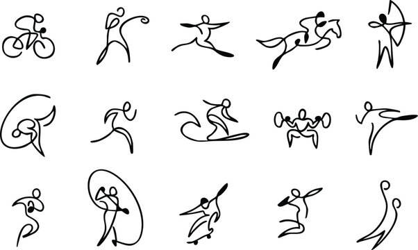 Collection of abstract line art sports icons representing various athletic activities like cycling archery and weightlifting perfect for web design and app interfaces