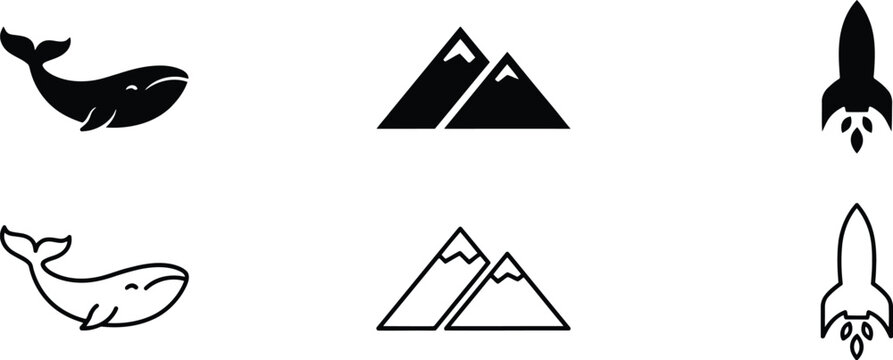 Set of black and white featuring a whale, mountain peaks, and a launching rocket in solid and outline styles