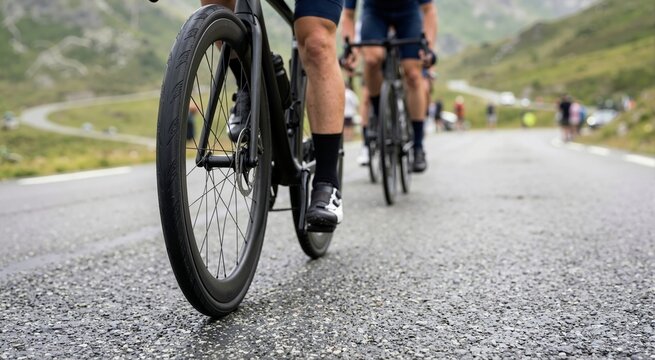 Low angle close-up of road bike wheel and tire on wet asphalt. Professional cyclist riding in a peloton on a mountain road during a race