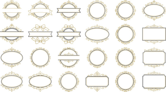 Collection of ornamental decorative borders and frames in gold and black vintage filigree style for design elements and labels