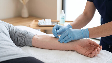 Fototapeta premium A healthcare professional applies acupuncture needles to the arm of a patient. The practitioner wears blue gloves and is focused on the procedure.