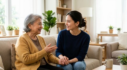 Elderly mother and adult daughter talking on a sofa. Senior woman holding hands with a younger female caregiver in a living room. Family bonding and support concept