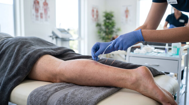 A close-up of a person's leg receiving acupuncture treatment. A gloved hand inserts a needle into the skin. The setting is a clean, modern clinic with anatomical charts in the background.