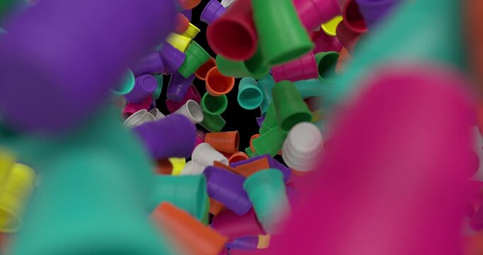A 4K alpha channel animation featuring colorful plastic cups falling and piling up with dynamic motion. Ideal for party themed videos, event promos, festive visuals, creative overlays, and motion grap